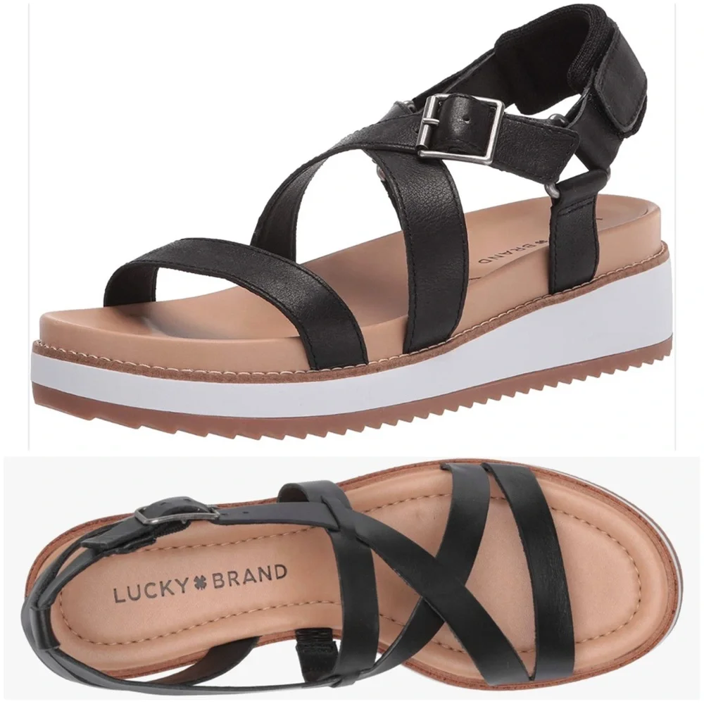 Lucky Brand Black Ticey Ankle Strap Wedge Sandal 9.5